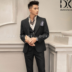 Bộ vest nam 2 cúc màu đen sọc kẻ cao cấp DKB0043