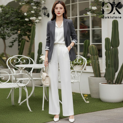 Áo blazer nữ 2 cúc Hàn Quốc màu xám tay lật cao cấp BLU0147