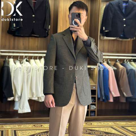 Áo vest nam, áo blazer nam 2 lớp màu xanh rêu chất liệu vải Denim cao cấp ADK0044