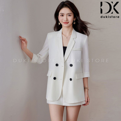 Bộ áo blazer nữ 4 cúc màu trắng tay lỡ cao cấp BLU0149