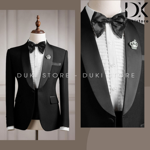 Bộ vest nam 1 cúc màu đen ve sam cao cấp DKA0079