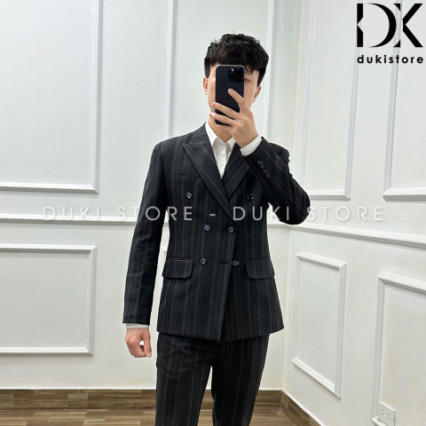 Bộ vest nam 6 cúc màu xám sọc kẻ cao cấp DKE0087