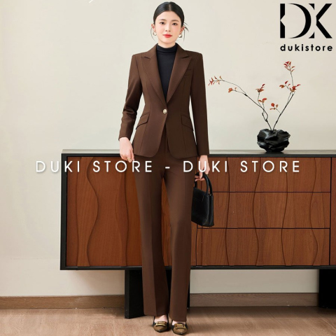Bộ vest nữ 1 cúc màu nâu quần ống suông đột viền cao cấp DKU0175