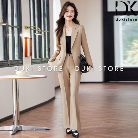 Bộ vest nữ 1 cúc màu kem ống loe đột viền cao cấp DKU0185