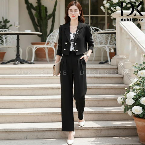 Bộ áo blazer nữ 4 cúc màu đen dáng lửng cao cấp BLU0145