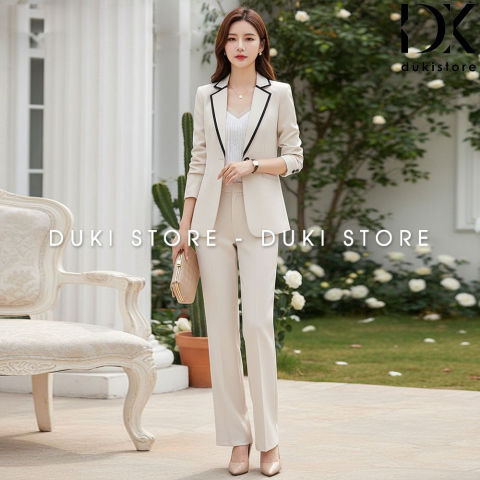 Bộ vest nữ công sở 1 cúc màu kem viền ve ống suông cao cấp DKU0170
