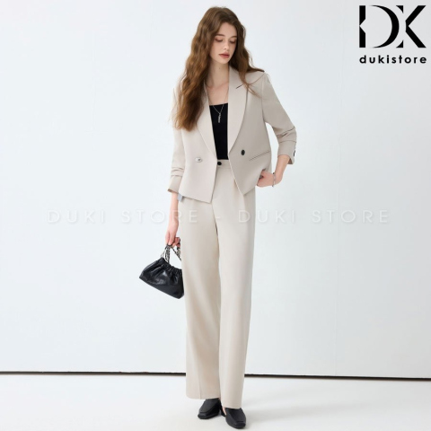 Bộ áo blazer nữ 2 cúc ngang màu ghi sáng ống suông cao cấp BLU0154