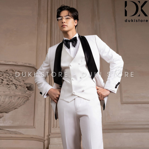 Bộ vest nam 1 cúc màu trắng ve phi cao cấp DKA0129