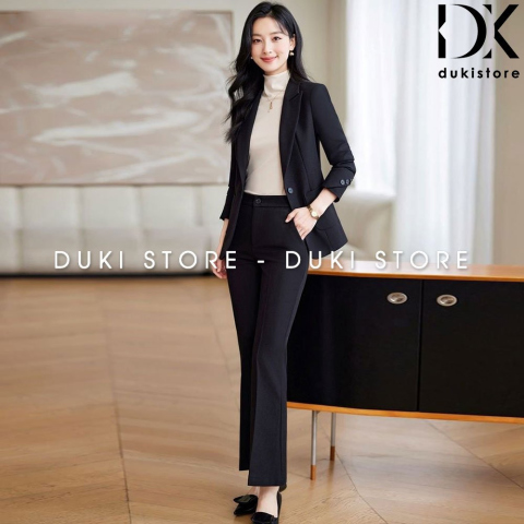 Bộ vest nữ 1 cúc màu đen ống loe cao cấp DKU0187