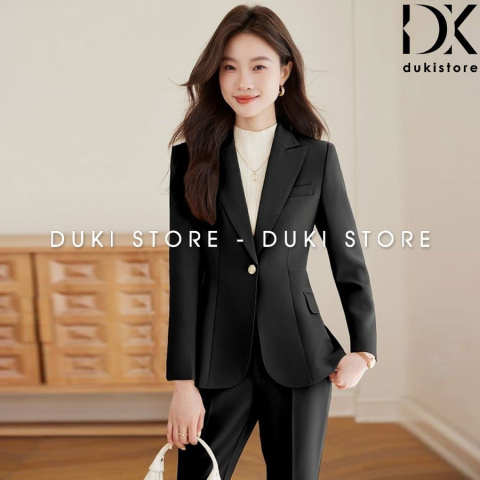 Bộ vest nữ 1 cúc màu đen ống suông viền cao cấp DKU0188