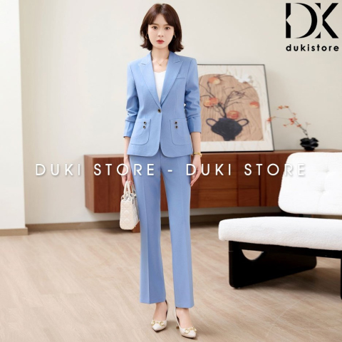 Bộ vest nữ 1 cúc màu xanh dương nhạt ống suông đột viền cao cấp DKU0186