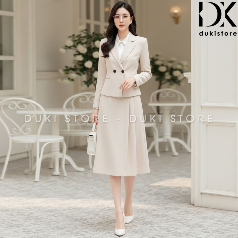 Bộ vest nữ 2 cúc ngang màu ghi sáng chân váy cao cấp DKX0147