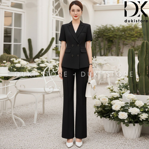 Bộ vest nữ 4 cúc ngang màu đen ngắn tay ống suông cao cấp DKX0155