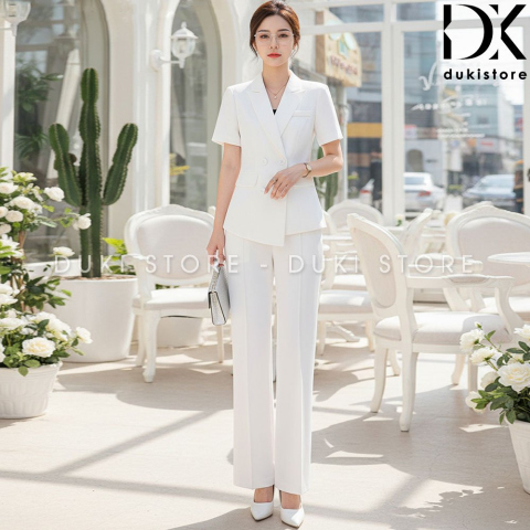 Bộ vest nữ 4 cúc ngang màu trắng ngắn tay ống suông cao cấp DKX0154