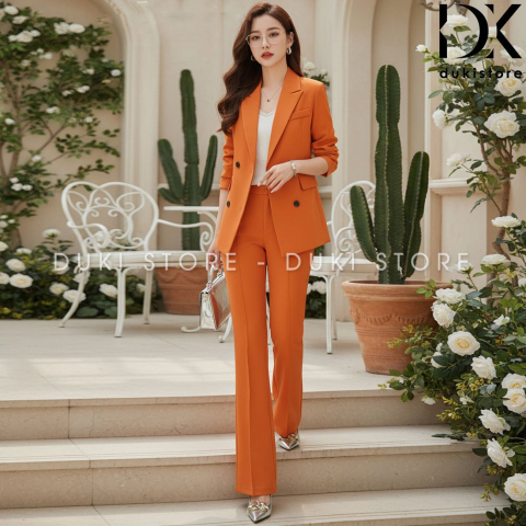 Bộ vest nữ 4 cúc ngang màu cam ống loe cao cấp DKX0148