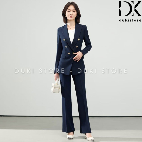 Bộ vest nữ 6 cúc màu xanh than ống suông cao cấp DKX0158