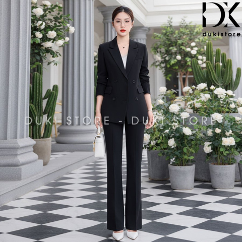 Bộ vest nữ 4 cúc ngang màu đen ống suông cao cấp DKX0150