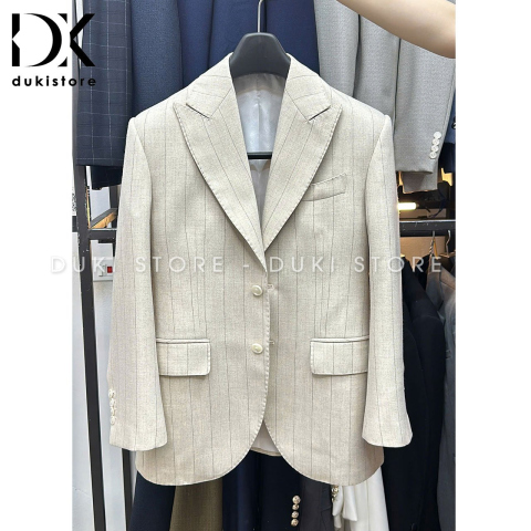 Áo khoác blazer nam, áo vest nam balzer nam màu be sọc kẻ cao cấp ADK0054