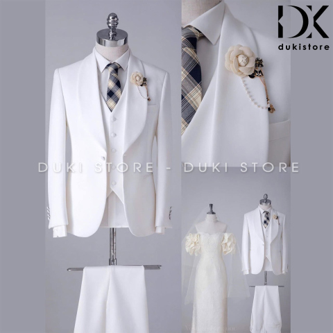 Bộ vest nam 1 cúc tuxedo màu trắng cao cấp DKA0209