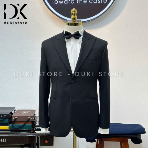 Bộ vest nam  2 cúc màu đen vải Wool sọc cao cấp DKB0074