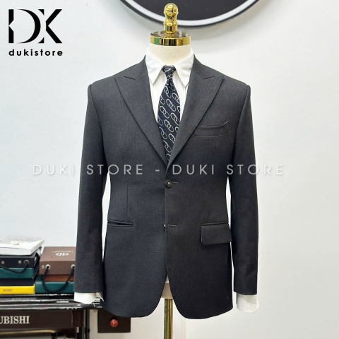 Bộ vest nam 2 cúc màu xám vải Wool sọc cao cấp DKB0075