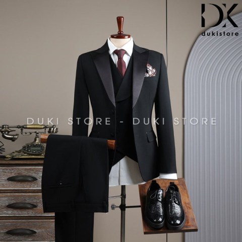 Bộ vest nam 2 cúc tuxedo màu đen sang trọng DKB0084