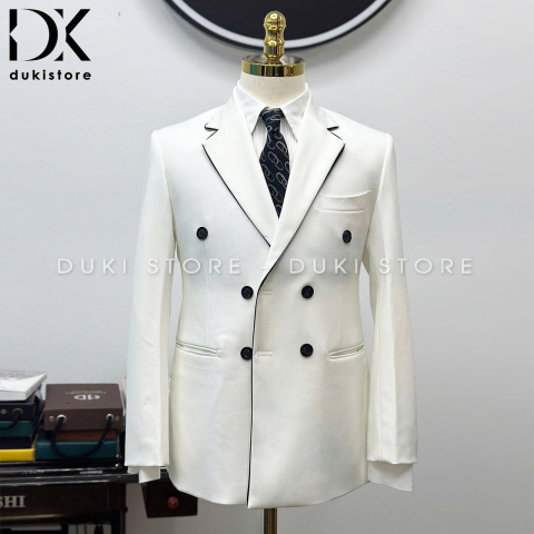 Bộ vest nam trắng 6 cúc thiết kế viền đen sang trọng DKE0133