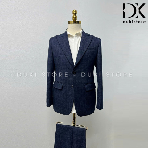 Bộ áo vest nam 2 cúc kẻ caro màu xanh navy cao cấp DKB0067