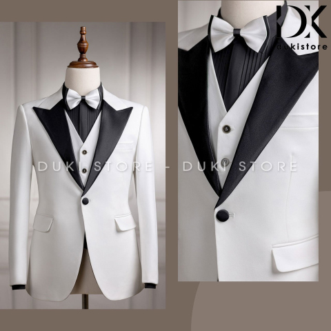 Bộ vest nam 1 cúc tuxedo màu trắng sang trọng DKA0086
