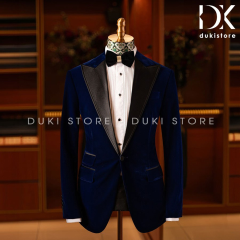 Bộ vest nam tuxedo 1 cúc màu xanh than ve phi cao cấp DKA0066