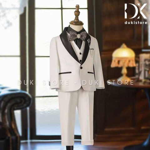 Bộ vest cho bé trai tuxedo màu trắng ve phi 1 cúc cao cấp DKT0072 