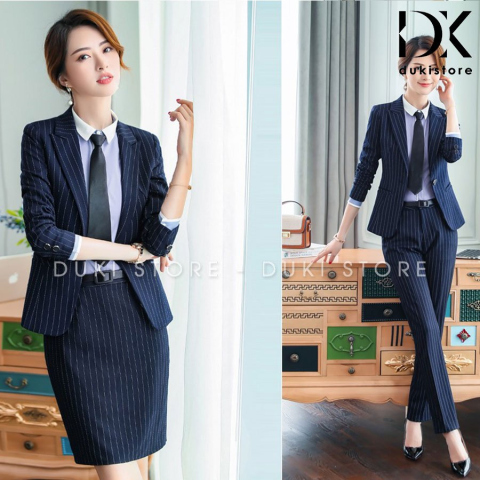 Bộ vest nữ 1 cúc Hàn Quốc màu xanh than sọc kẻ cao cấp DKU0008