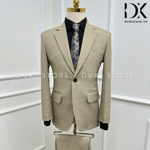 Bộ vest nam 1 cúc màu kem sọc thanh lịch DKA0156 - DUKI STORE