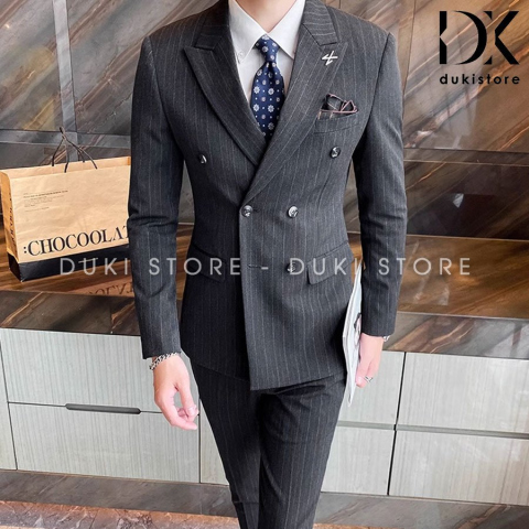 Bộ vest nam 6 nút sọc kẻ màu xám lịch lãm DKE0084