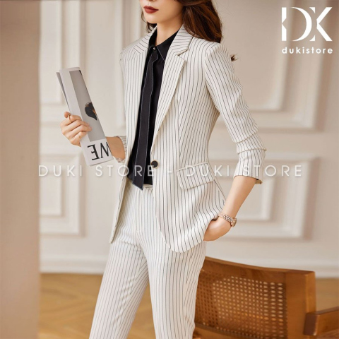 Bộ vest nữ 1 cúc Hàn Quốc màu trắng kẻ sọc cao cấp DKU0062