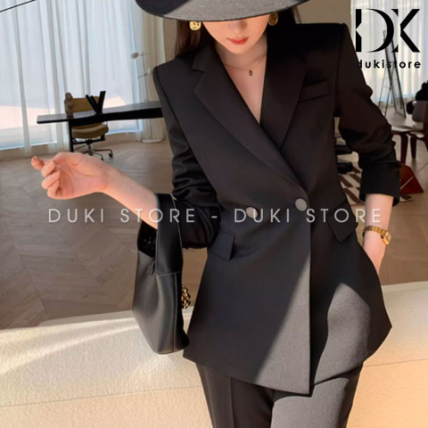 Bộ vest nữ 2 cúc ngang quần ống suông màu đen sang trọng DKX0058