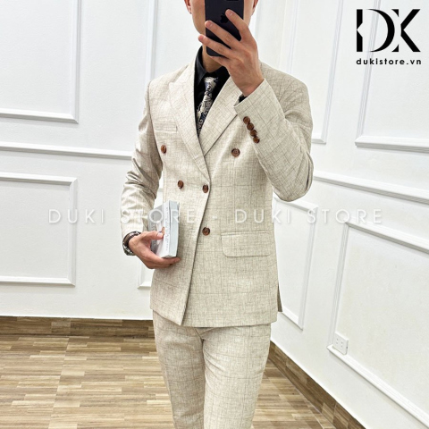 Bộ vest nam 6 cúc kẻ caro màu kem sang trọng DKE0099 - DUKI STORE