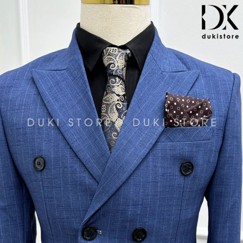 Bộ vest nam 6 cúc màu xanh kẻ sọc thanh lịch DKE0112 - DUKI STORE
