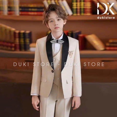  Bộ vest cho bé trai tuxedo màu kem ve phi 1 cúc sang trọng DKT0082 