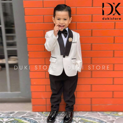 Bộ vest cho bé trai tuxedo màu trắng ve phi 1 cúc DKT0086