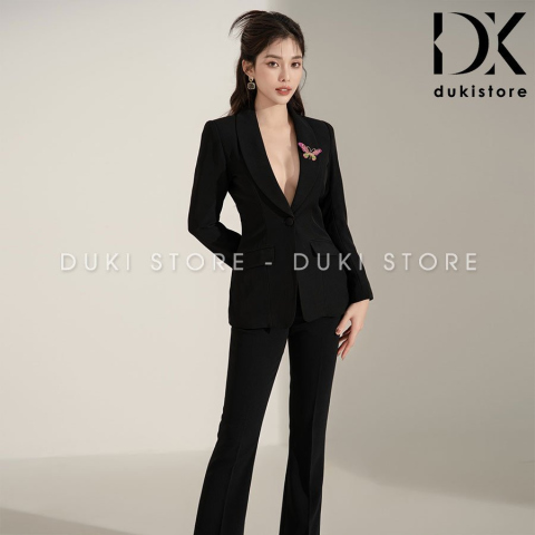 Bộ vest nữ 1 cúc Hàn Quốc ống loe màu đen cao cấp DKU0087