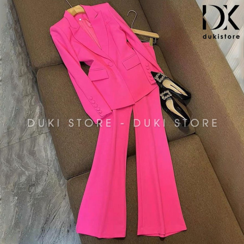 Bộ vest nữ 1 cúc Hàn Quốc ống loe màu hồng nhạt cao cấp DKU0056