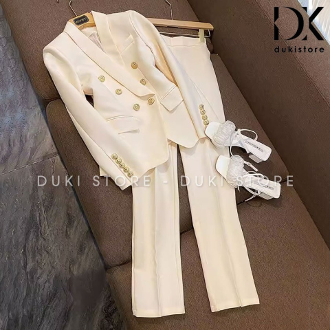 Bộ vest nữ 6 cúc Hàn Quốc ống xuông màu trắng cao cấp DKX0032