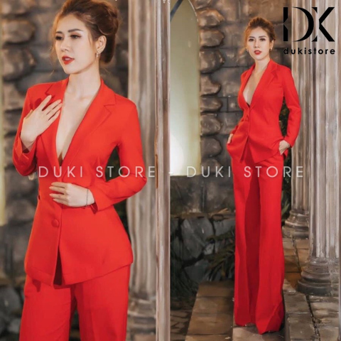 Bộ vest nữ 2 cúc Hàn Quốc ống loe đỏ cao cấp DKV0003