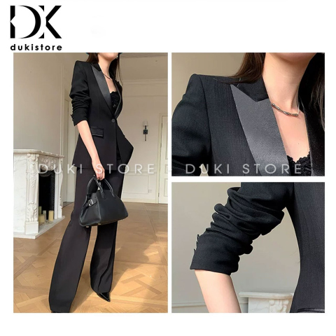 Bộ vest nữ 1 cúc Hàn Quốc ống loe màu đen đẹp cao cấp DKU0082