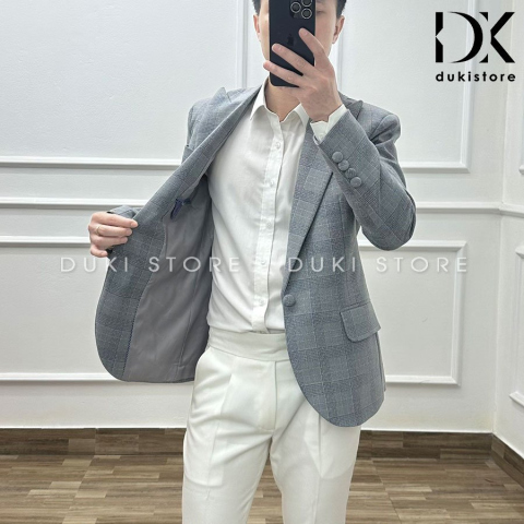 Áo vest nam, áo blazer nam 1 cúc Hàn Quốc kẻ caro dạ màu ghi sáng thanh lịch BDK0009