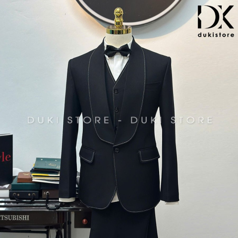 Bộ vest nam 1 cúc màu đen ve sam đột viền cao cấp DKA0070