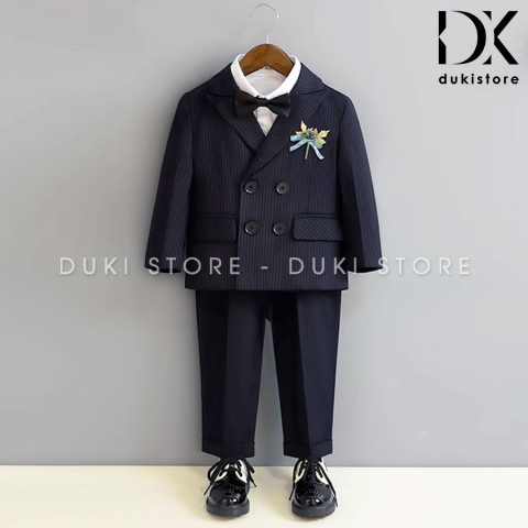 Bộ vest cho bé trai  4 cúc màu đen sọc kẻ DKT0032