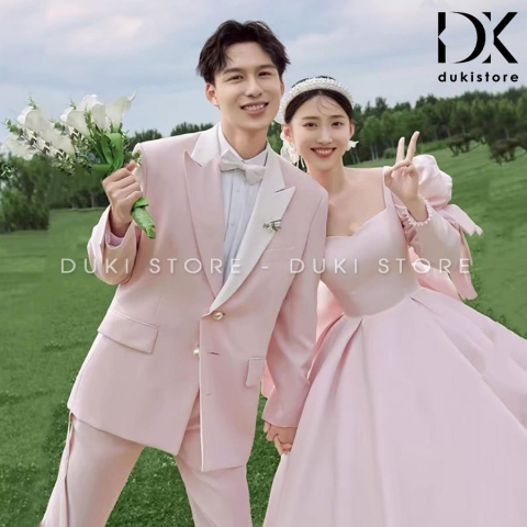 Bộ vest nam chú rể áo vest cưới màu hồng 2 cúc phối ve trắng cực sang trọng DKR0045