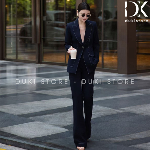 Bộ vest nữ 1 cúc Hàn Quốc ống loe màu xanh than sọc kẻ cao cấp DKU0096